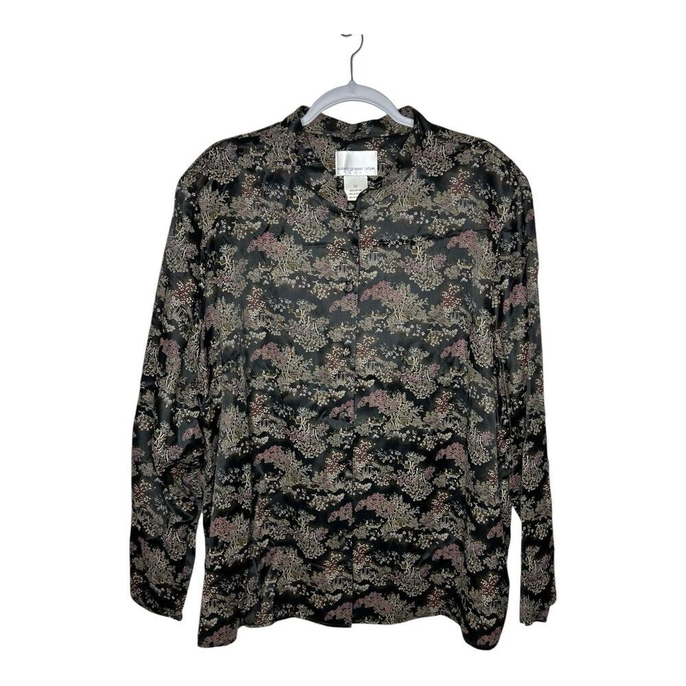 Susan Graver Top Womens 3X Black‎ Satin Button Up Asian Inspired Mandarin Collar